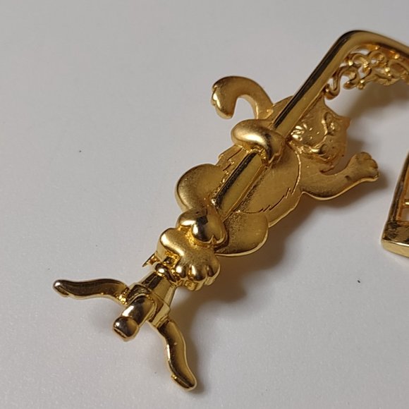 Cute Gold Tone Cat And Bird Cage Brooch - Picture 5 of 10